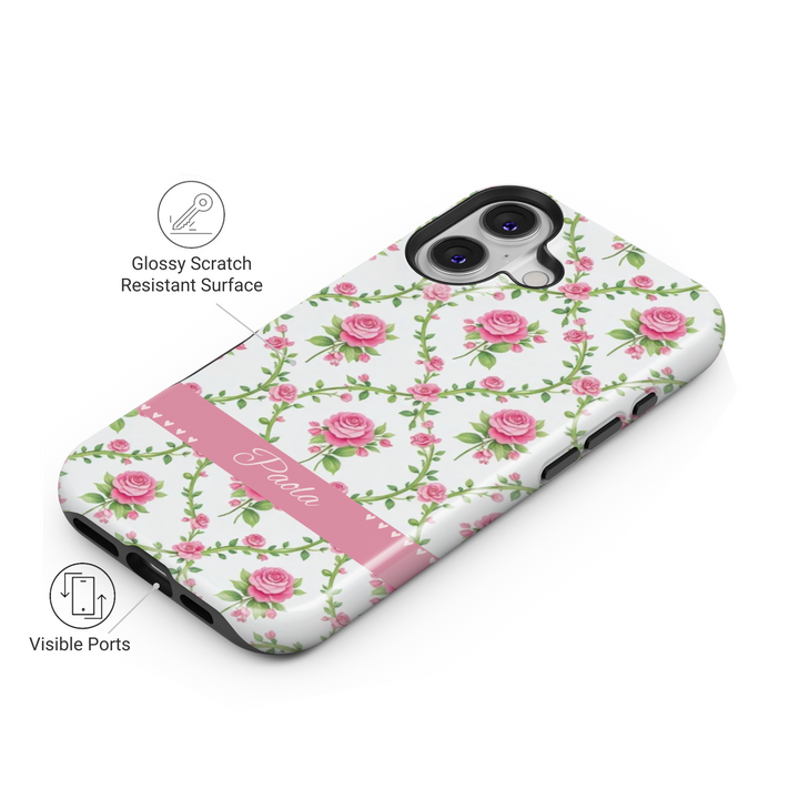 White floral phone case with pink roses and personalized name, custom spring rose iPhone Samsung cover, girly tough phone case gift for her