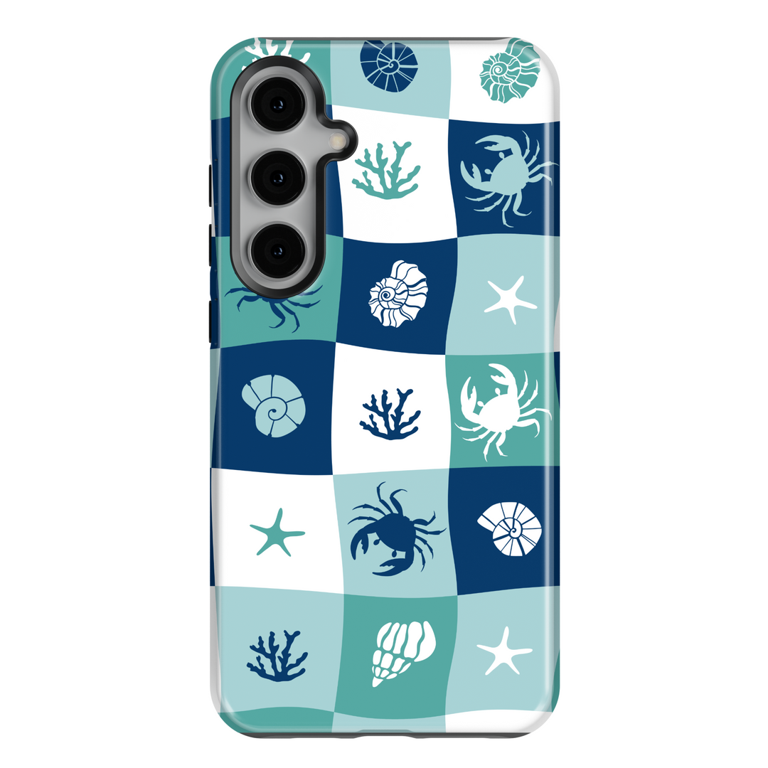 Samsung Galaxy S25 Ultra & S24 FE Case with Blue and Green Sea Life Checkerboard Pattern – Crabs, Starfish, Coral & Shell Ocean Design