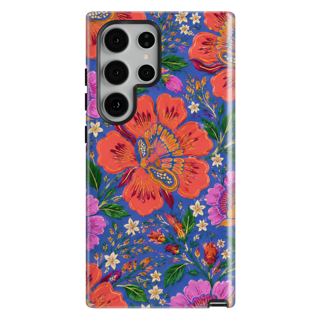 Electric Bloom Samsung Galaxy case with colorful coral, pink and orange flowers and green botanical leaves on vivid blue.