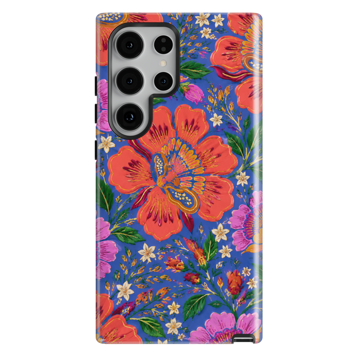 Electric Bloom Samsung Galaxy case with colorful coral, pink and orange flowers and green botanical leaves on vivid blue.