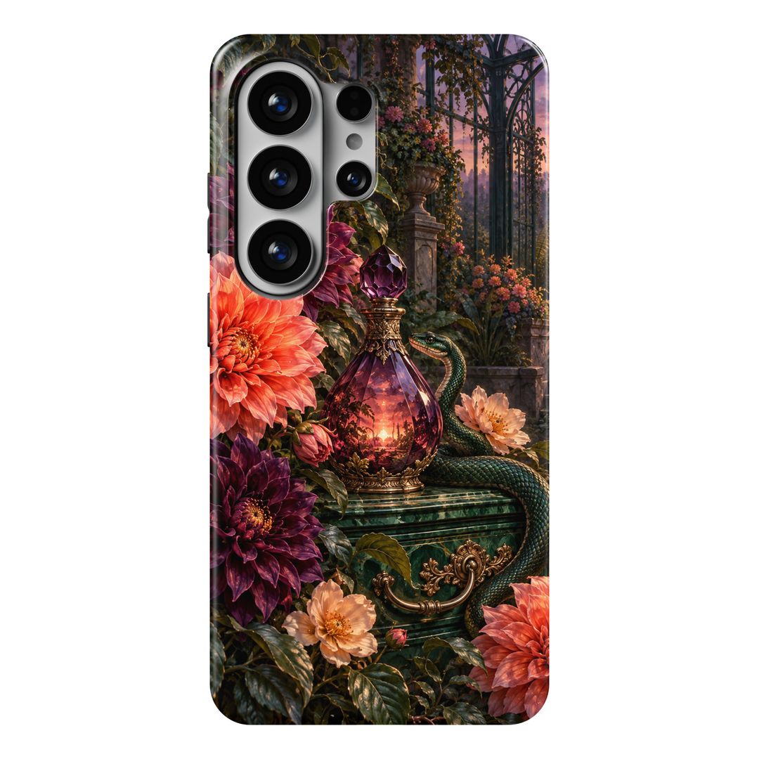 CASELIX Poison &amp; Petals Samsung Galaxy case featuring coral and plum dahlias, an emerald snake and an ornate purple potion bottle in a conservatory.