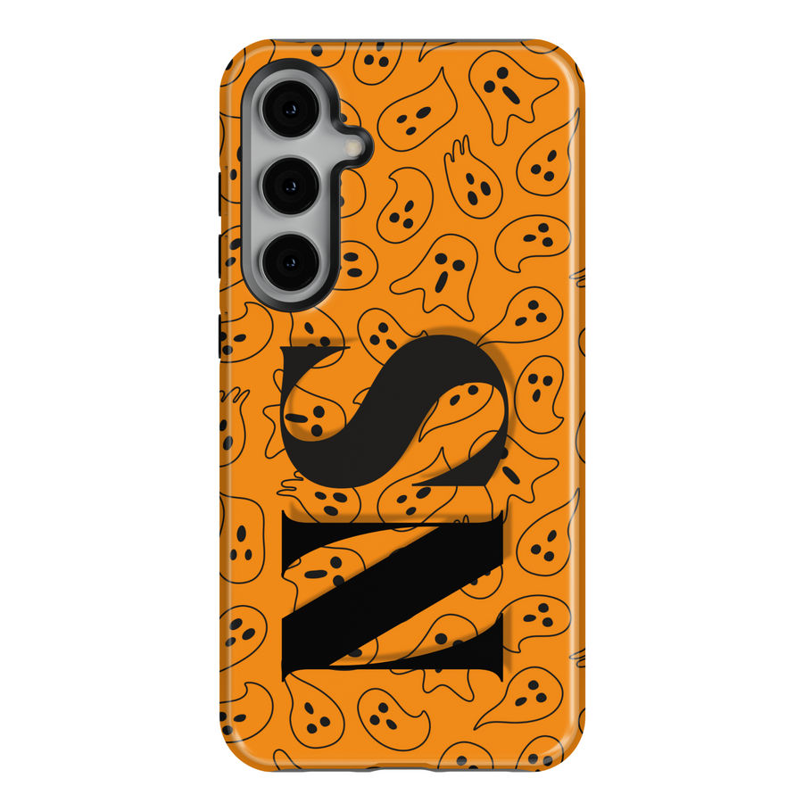 Samsung Galaxy S25 Ultra and S24 FE case with bright orange background, cute black ghost pattern, and large custom monogram.