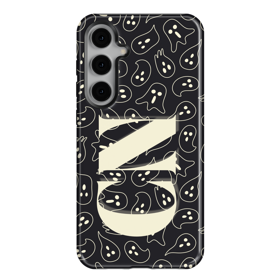 Samsung Galaxy S25 Ultra and S24 FE case with bright orange background, cute black ghost pattern, and large custom monogram.