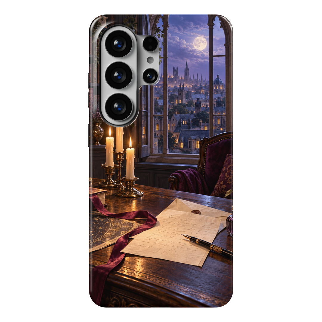CASELIX Letters After Dark Samsung Galaxy case featuring a candlelit writing desk, handwritten letter, burgundy ribbon and arched window over a moonlit city.
