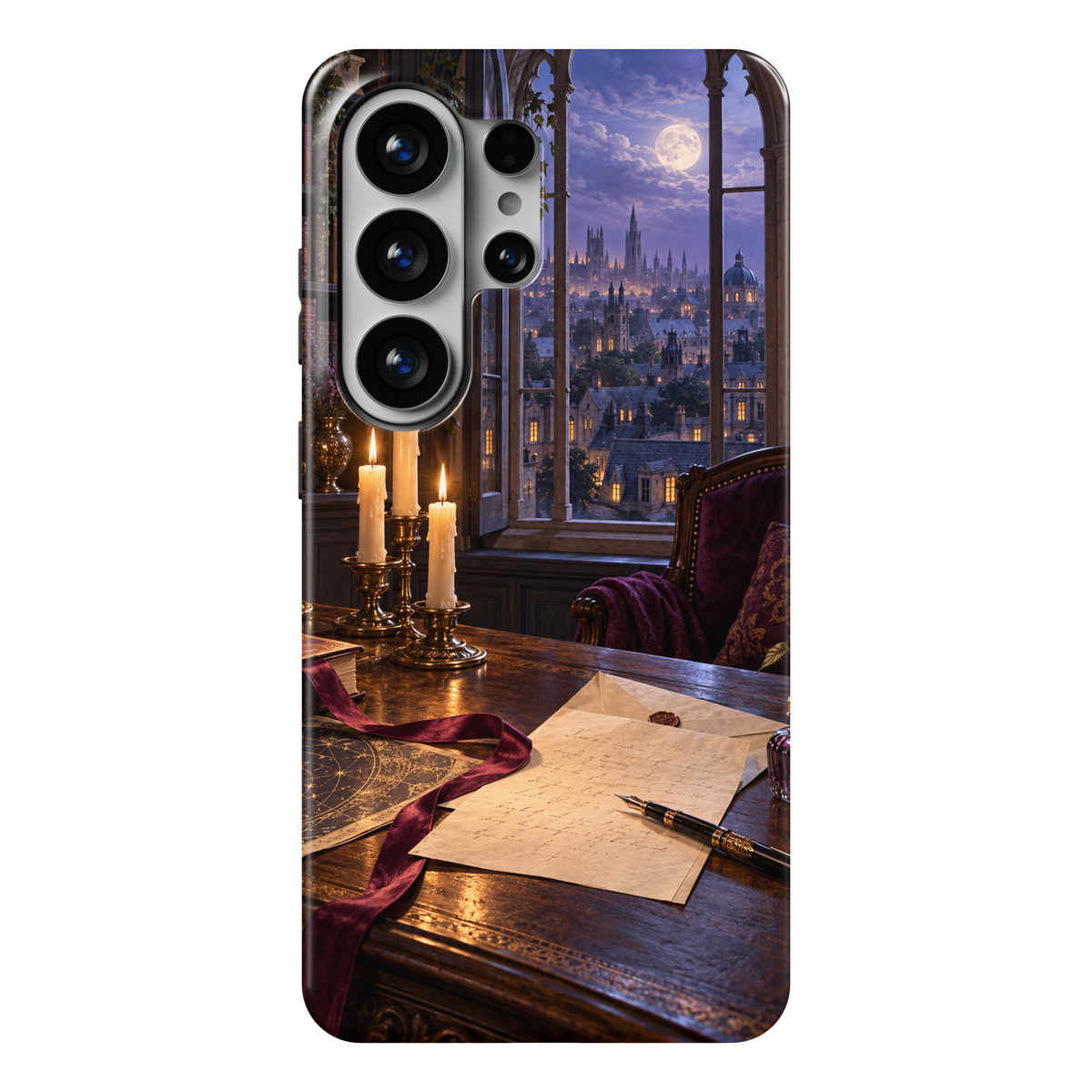 CASELIX Letters After Dark Samsung Galaxy case featuring a candlelit writing desk, handwritten letter, burgundy ribbon and arched window over a moonlit city.