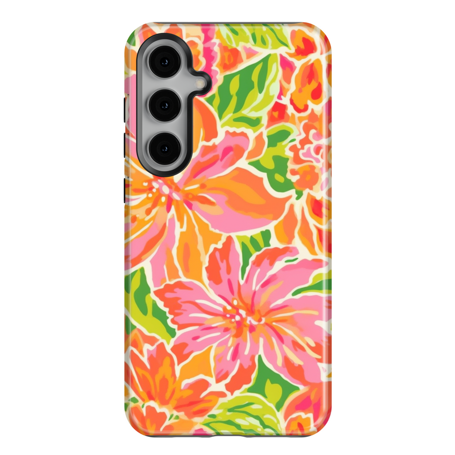 Samsung Galaxy case with bold pink, orange, and green tropical floral print – girly tough phone case

