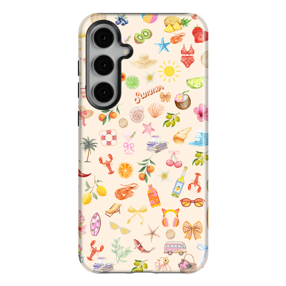 Playful summer beach icons Galaxy case with colorful fruits, seashells, hats, cocktails, and tropical elements –Galaxy S25 Ultra summer collage case