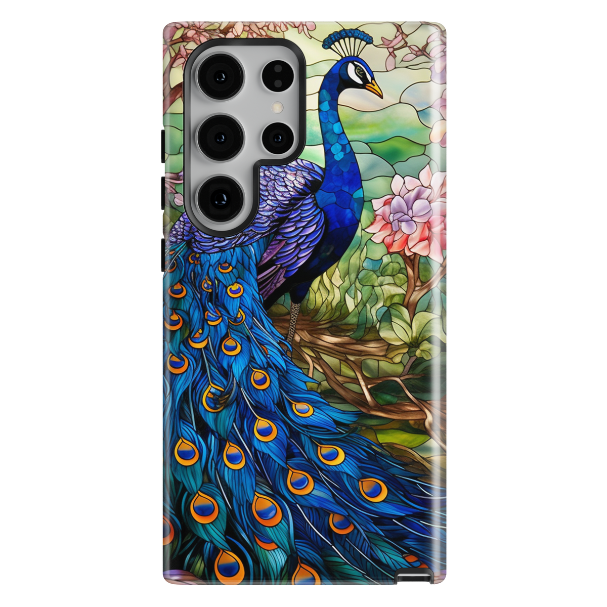 Stained glass peacock Samsung Galaxy case with detailed blue feather artwork