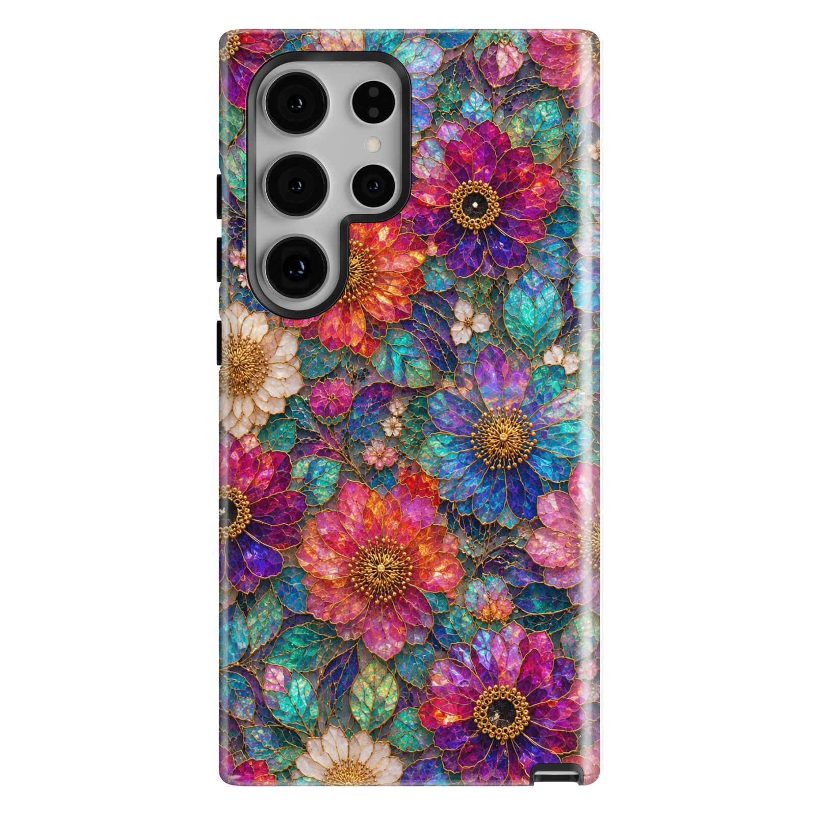 Luxury Samsung Galaxy floral phone case featuring colorful jewel-toned flowers, teal leaves, gold detailing, and stained glass inspired botanical artwork.