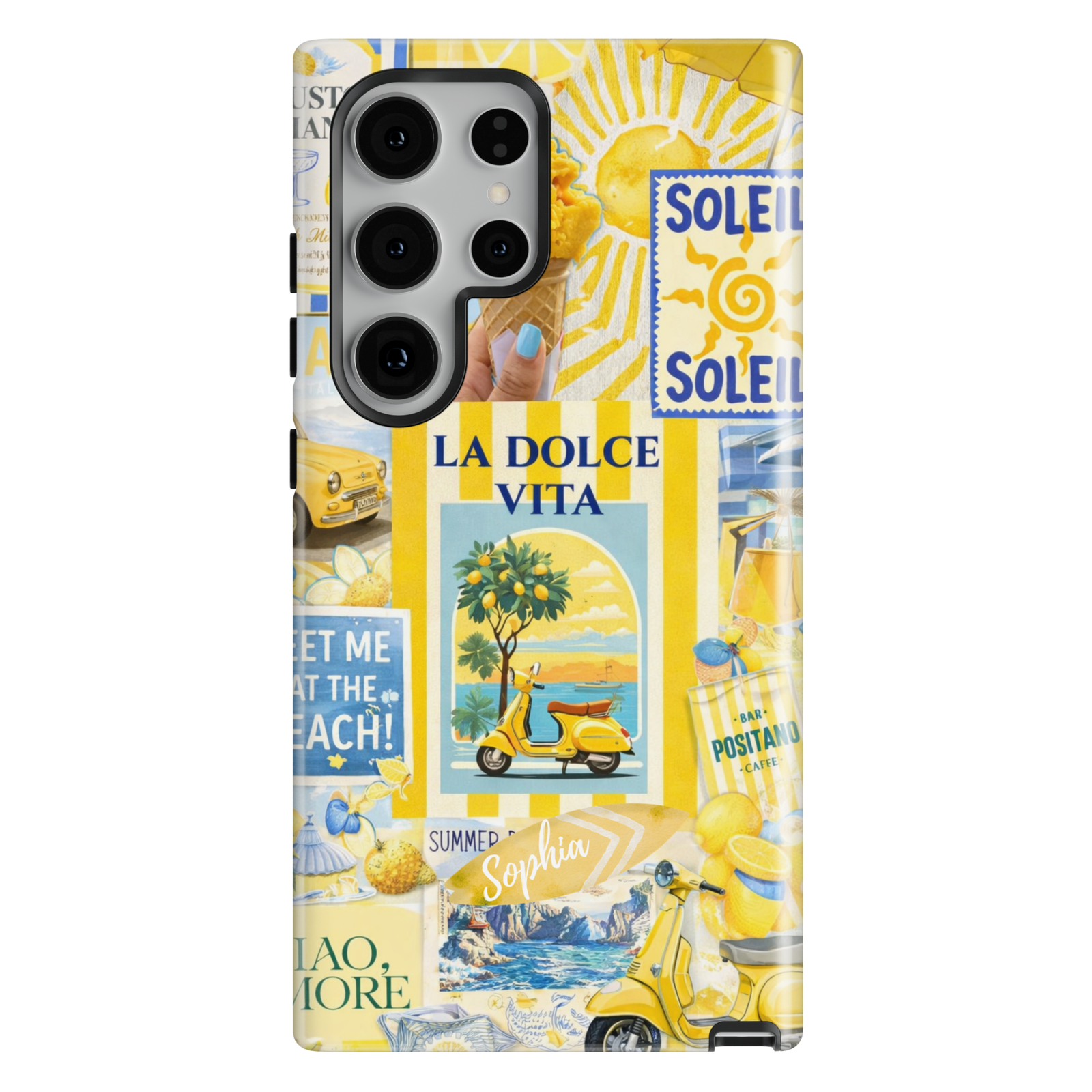 Lemon Amalfi Coast aesthetic phone case with Vespa and Italian summer collage for iPhone 17 Pro Max and Samsung Galaxy S26 Ultra.