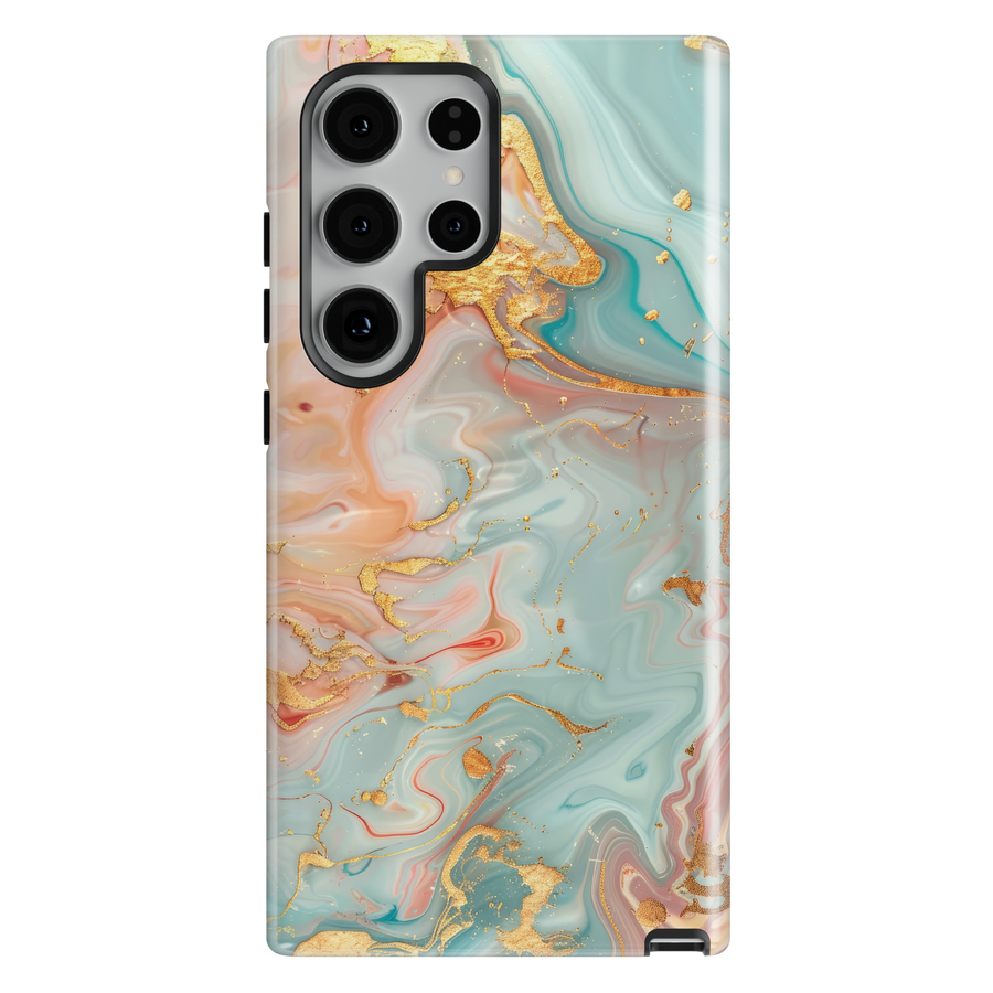 Pastel marble phone case with mint and blush tones and gold accents on a tough protective case