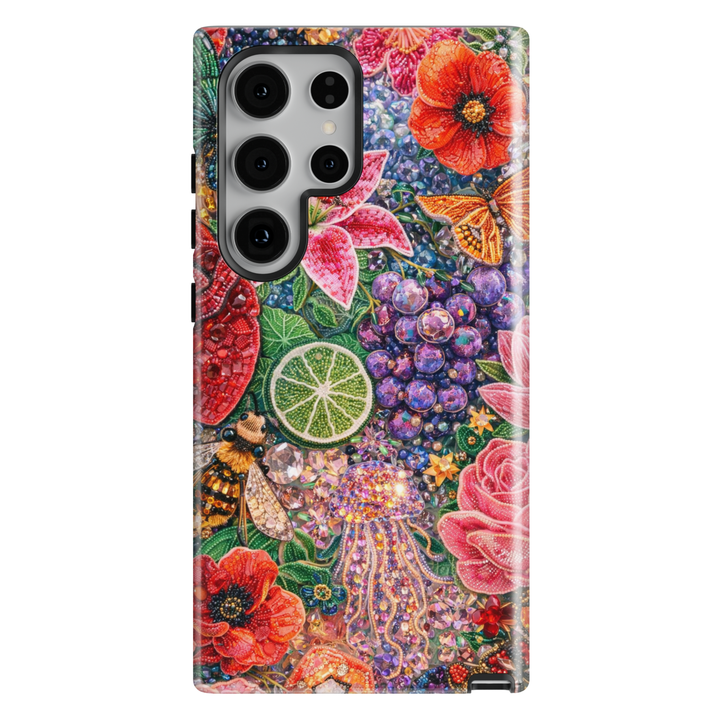 Maximalist jewel aesthetic phone case with vibrant florals and glitter accents for iPhone 16 Pro Max and Samsung Galaxy S25 Ultra