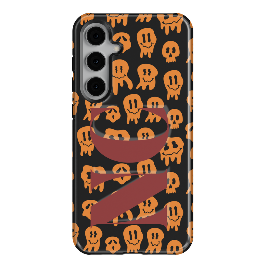 Samsung Galaxy S25 Ultra and S24 FE case with bright orange background, cute black ghost pattern, and large custom monogram.