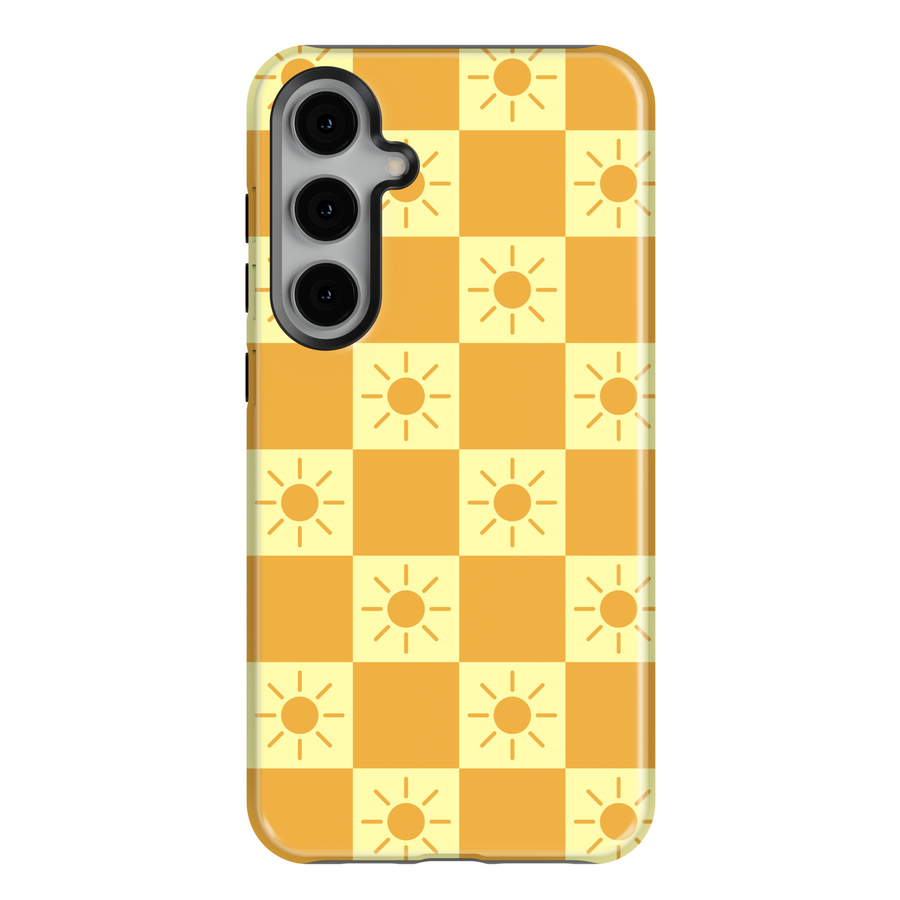 Yellow Samsung Galaxy phone case with sunshine checkerboard pattern – fits Galaxy S24 Ultra, S24 Plus, and S23 FE. Bright summer aesthetic case for women.