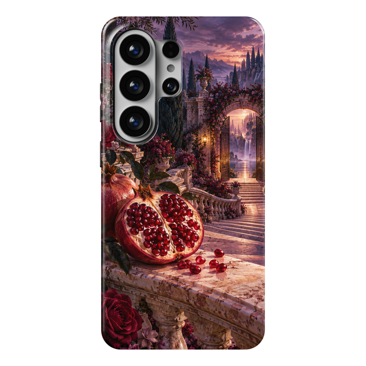 CASELIX The Pomegranate Gate Samsung Galaxy case featuring ruby pomegranates, red roses and an ornate garden gate overlooking a waterfall at sunset.