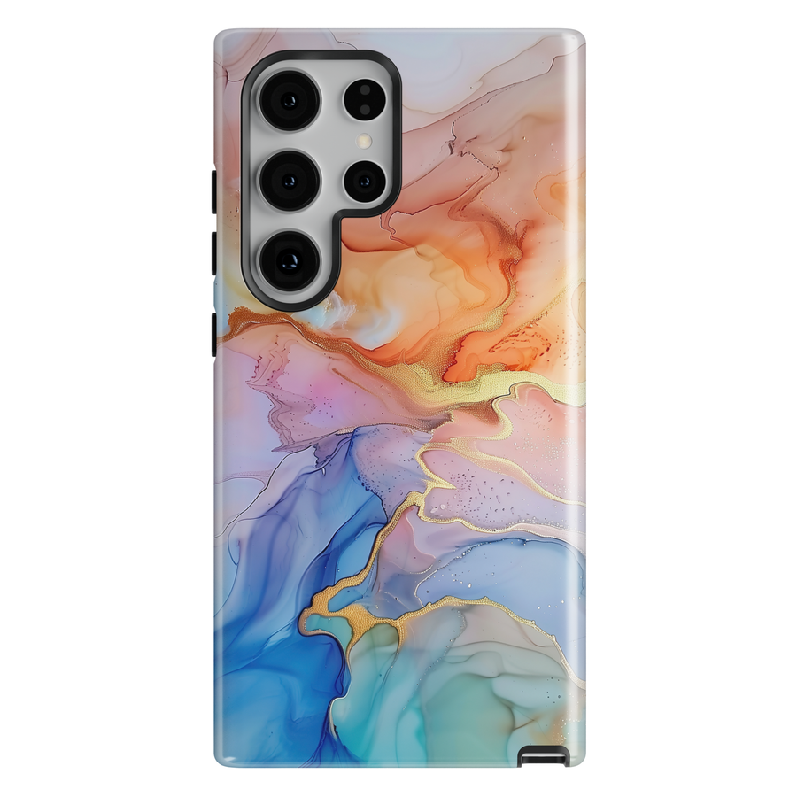 Peach and blush marble phone case with gold veining and soft luxury abstract pattern on a Samsung Galaxy tough case