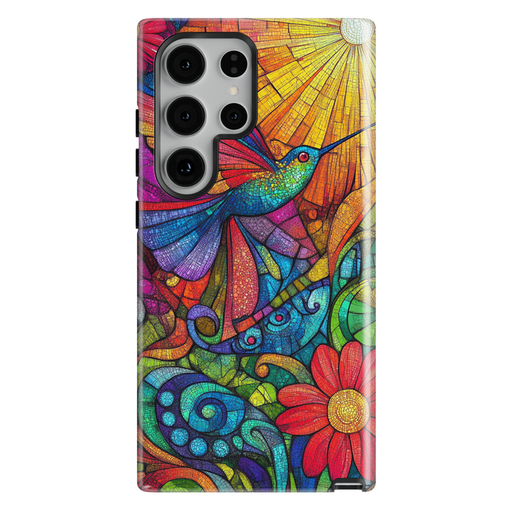 Stained glass hummingbird Samsung Galaxy case with vibrant floral mosaic design