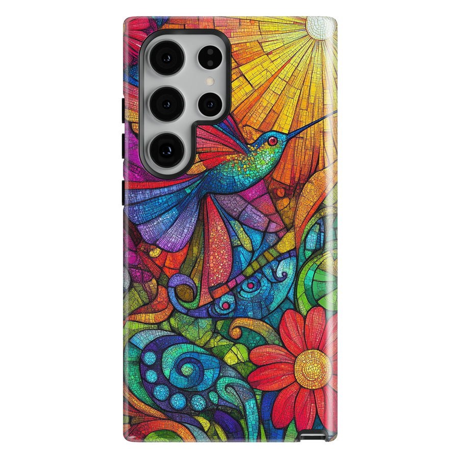 Stained glass hummingbird Samsung Galaxy case with vibrant floral mosaic design