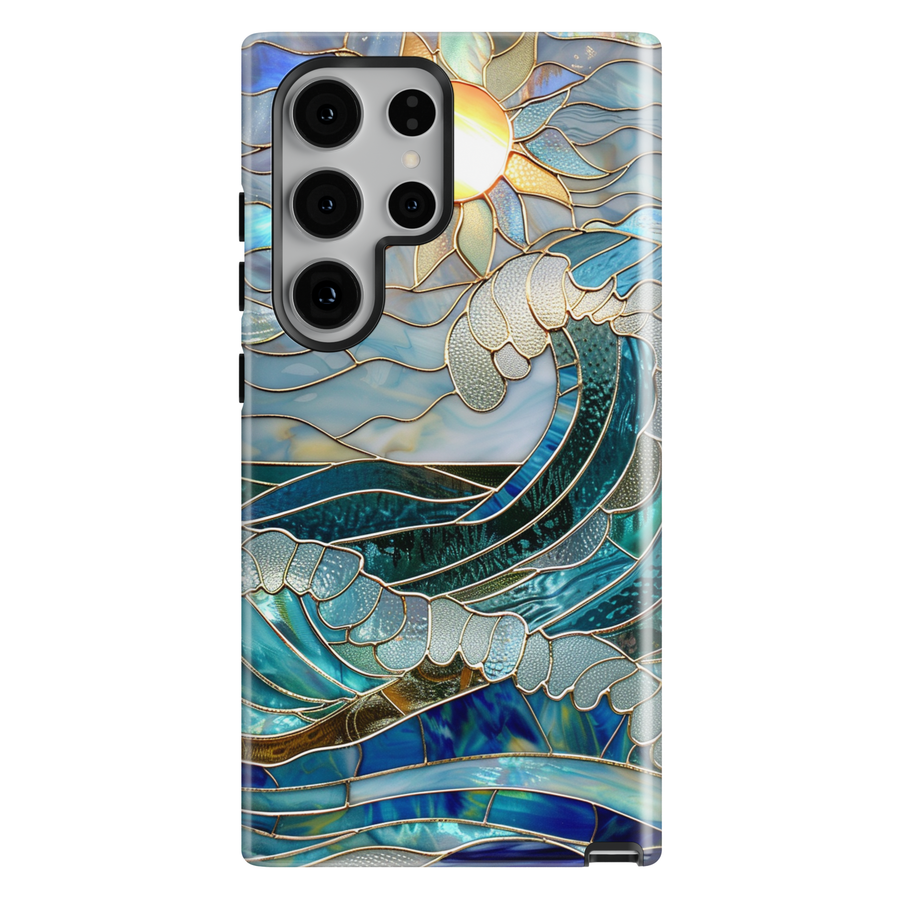 Stained glass ocean wave Samsung Galaxy case with blue coastal glass pattern