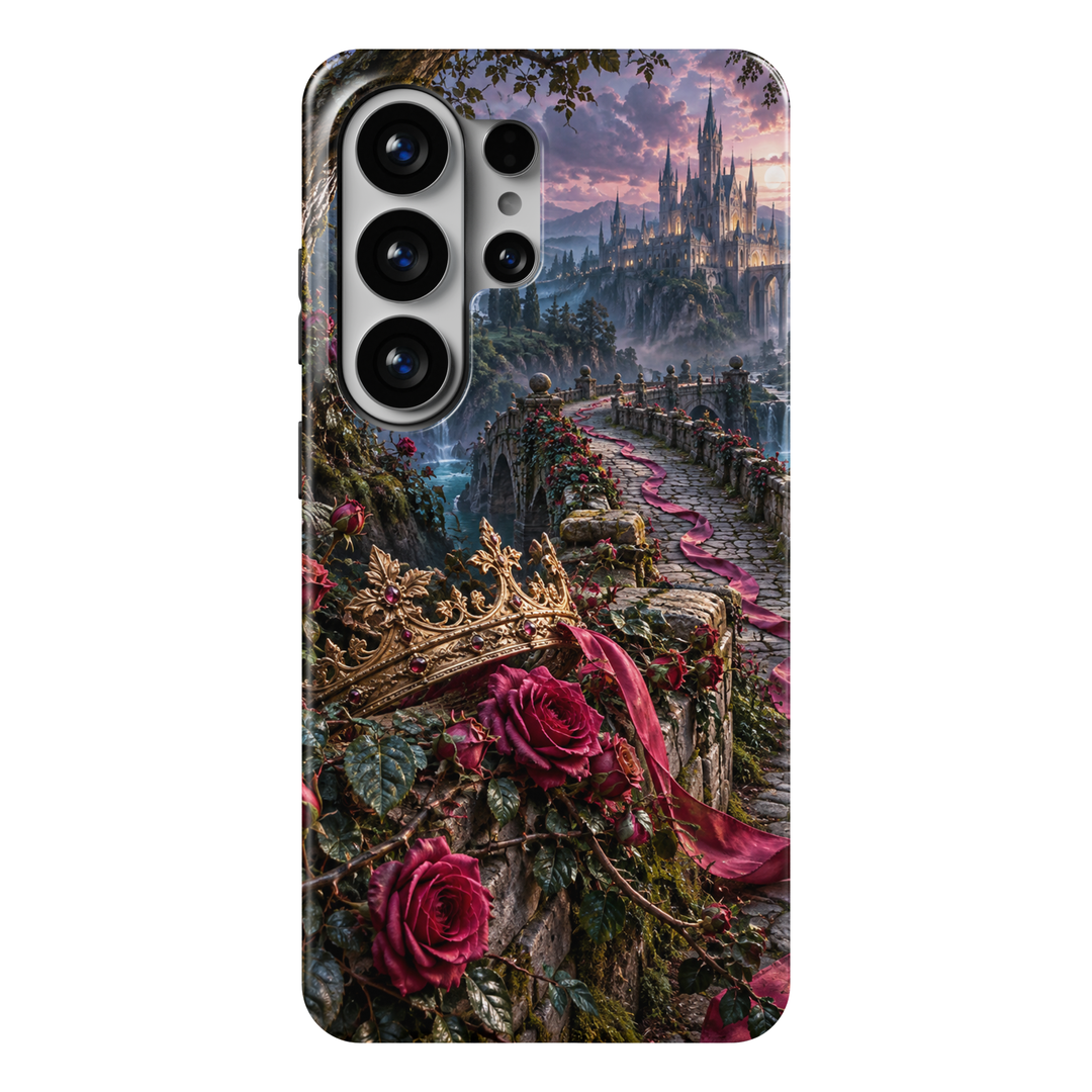 CASELIX Briarbound Samsung Galaxy case featuring a rose-covered stone bridge, flowing pink ribbon, gold crown and distant castle above waterfalls.