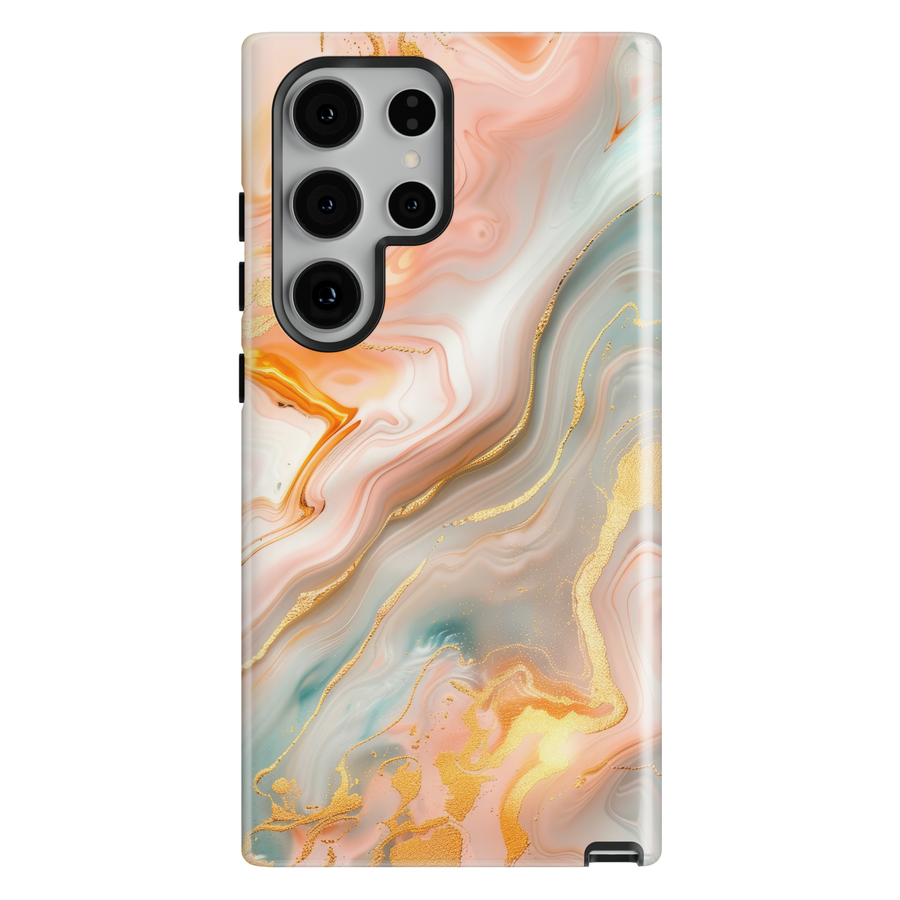 Peach and blush marble phone case with gold veining and soft luxury abstract pattern on a Samsung Galaxy tough case