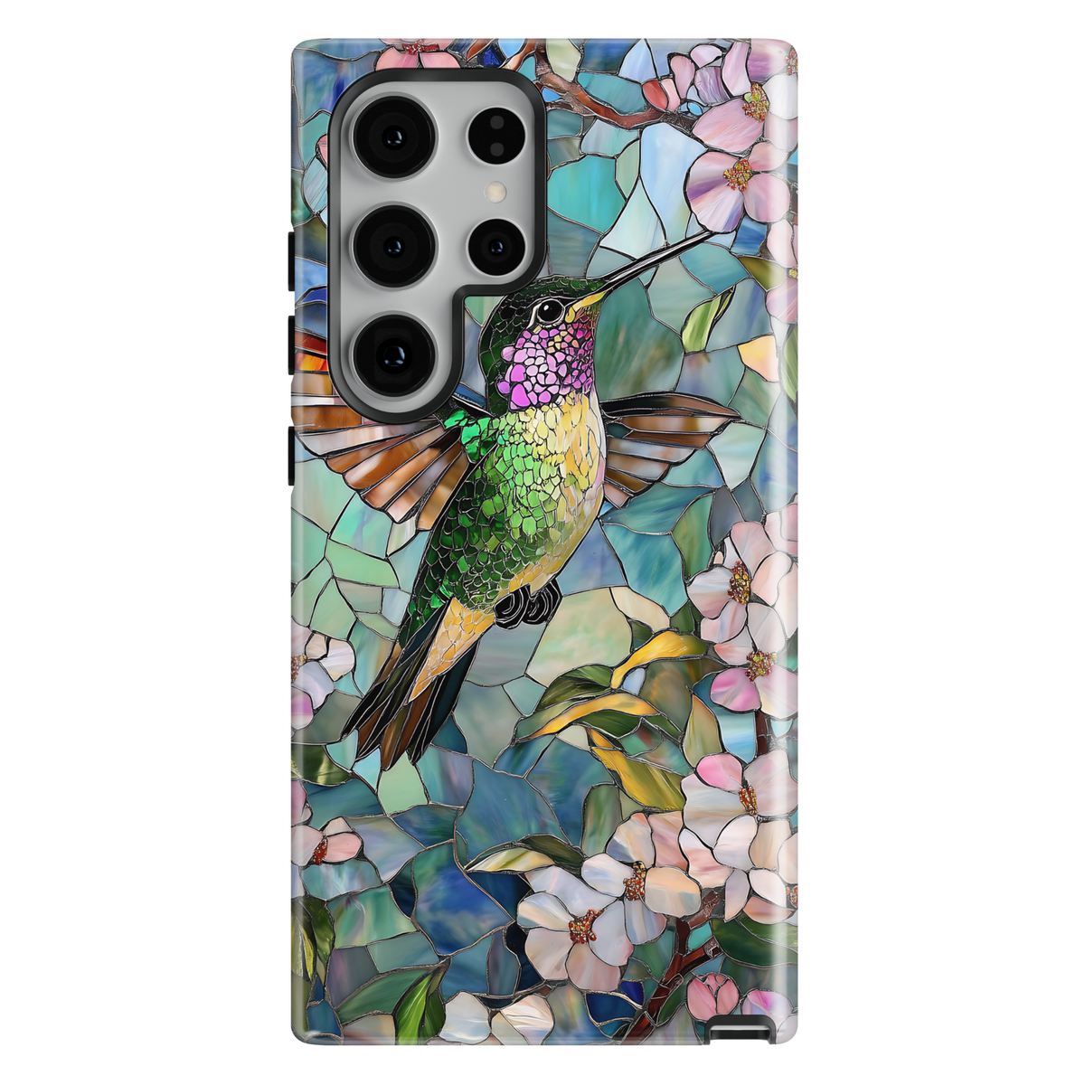 Stained glass hummingbird floral Samsung Galaxy case with garden mosaic design