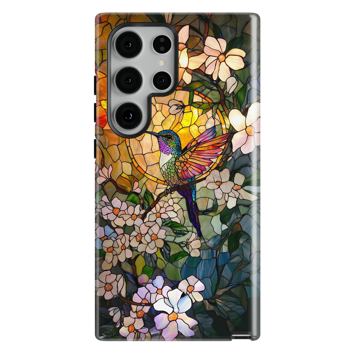 Stained glass hummingbird Samsung Galaxy case with golden sun floral design