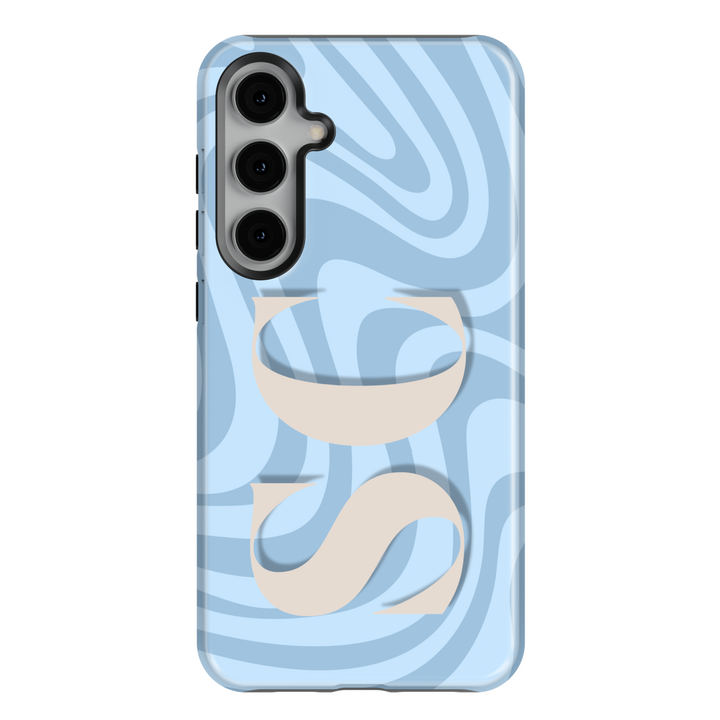 Samsung Galaxy S25 Ultra and S24 FE case with blue swirl pattern and beige monogram.