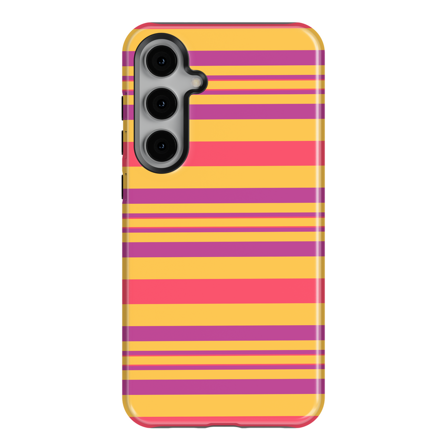 Samsung Galaxy phone case with colorful summer stripes in yellow, pink, and coral – fits Galaxy S24 Ultra, Galaxy S25, Galaxy S24 FE. Bright beach-inspired protective cover.