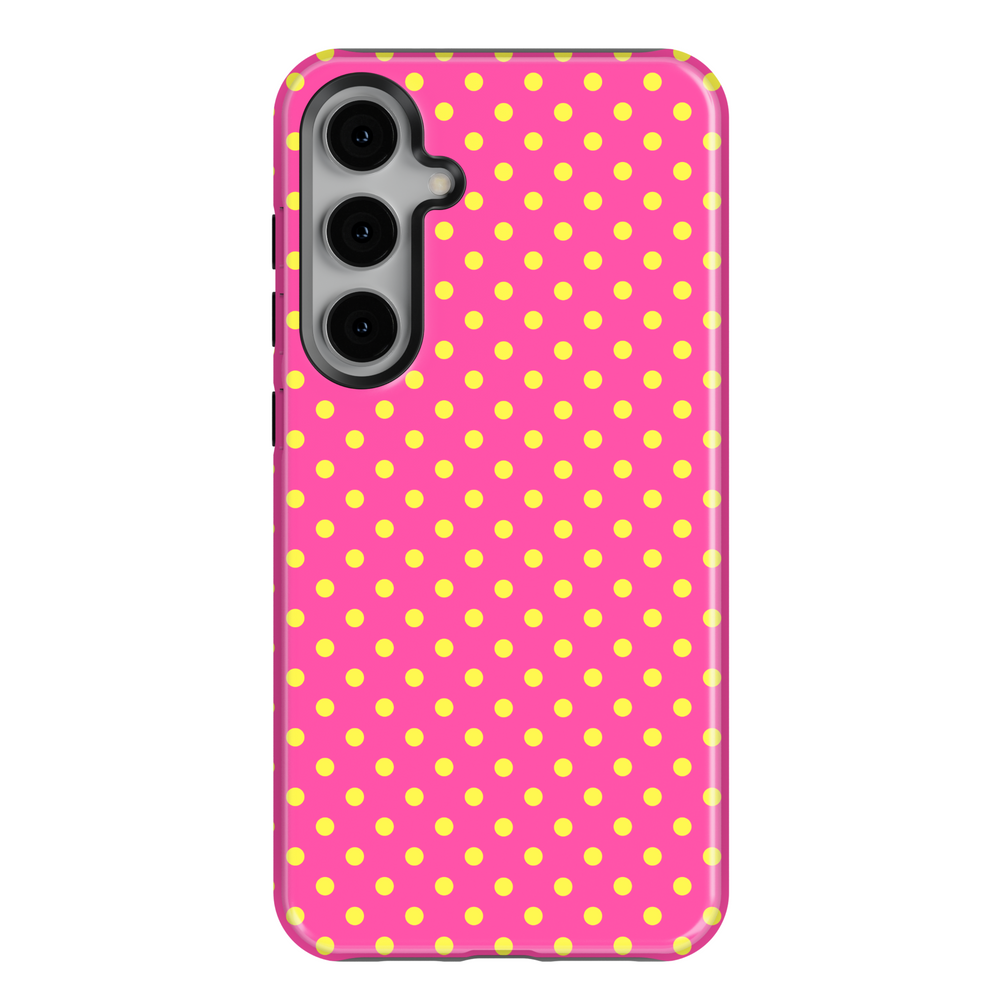 Pink Samsung Galaxy case with yellow polka dots – cute and colorful tough phone cover for Galaxy S24, S23, and more