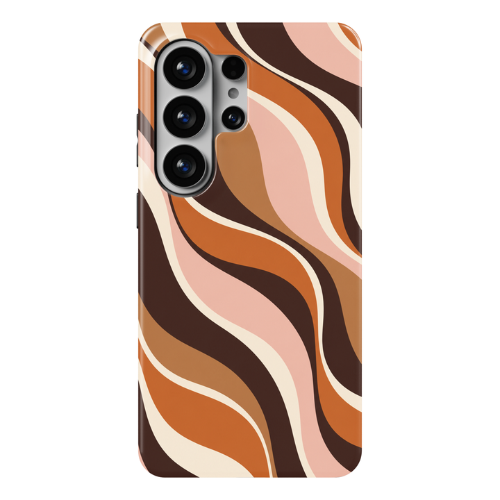 Caramel Swirl Samsung Galaxy case with flowing retro stripes in chocolate brown, burnt orange, caramel, blush pink and cream.