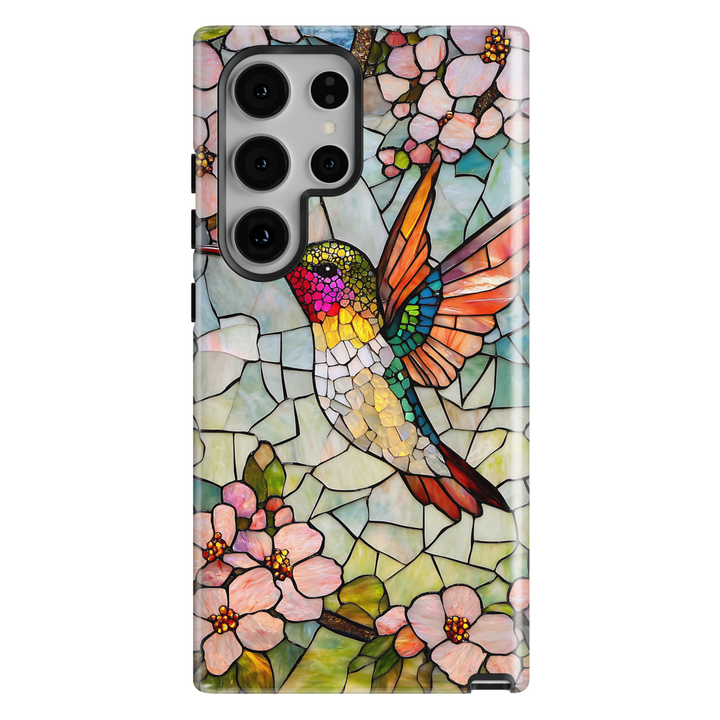 Stained glass hummingbird Samsung Galaxy case with floral mosaic design