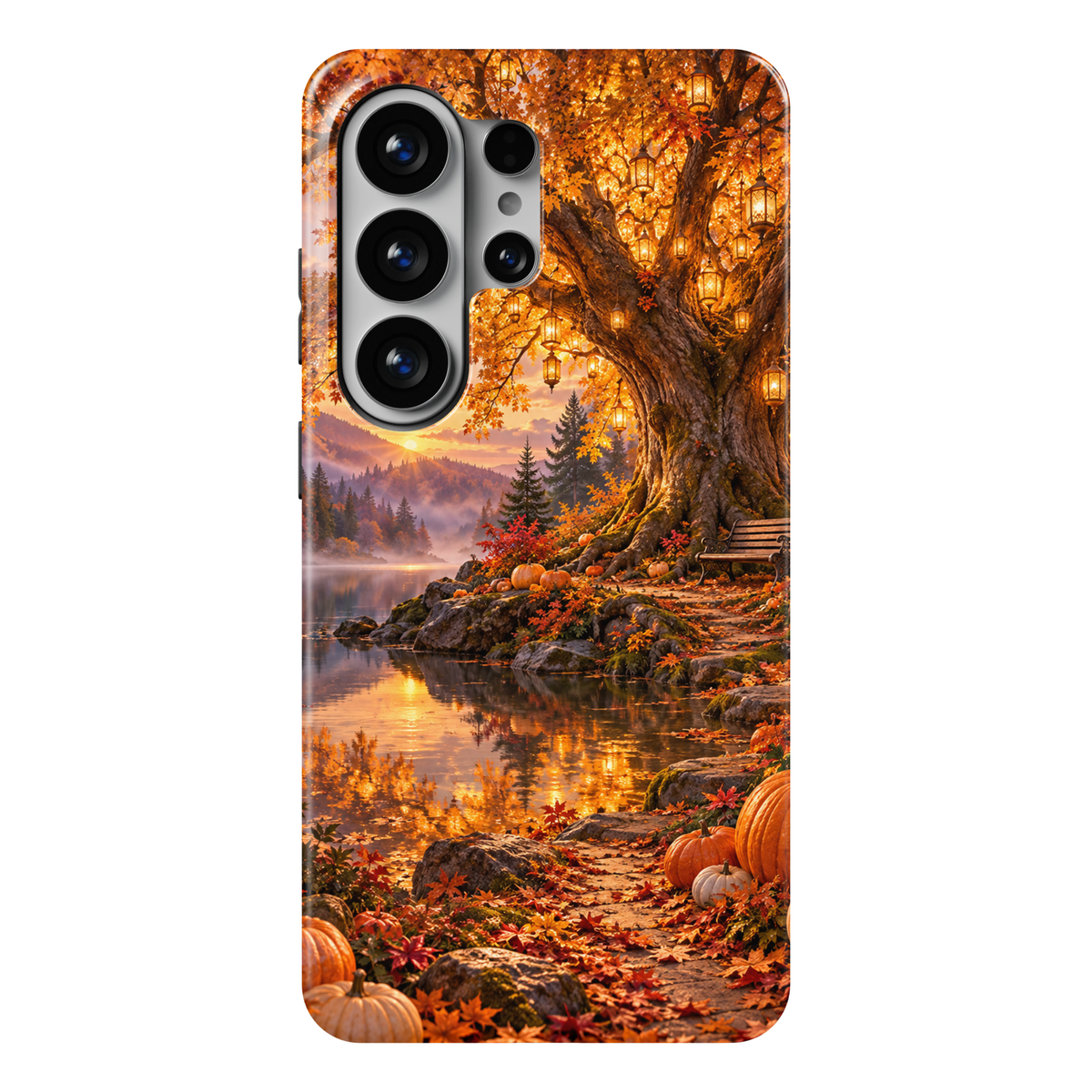 The Wishing Tree Samsung Galaxy case featuring a golden tree with hanging lanterns, a wooden bench and pumpkins beside a lake at sunset.