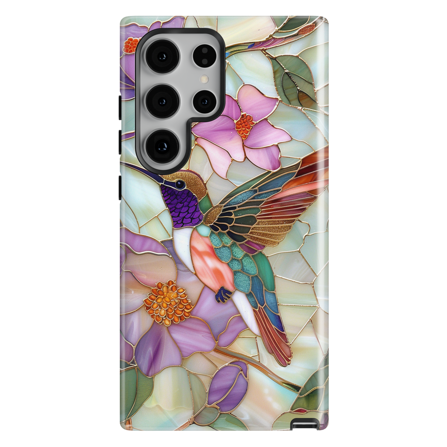 Stained glass hummingbird Samsung Galaxy case with floral mosaic design