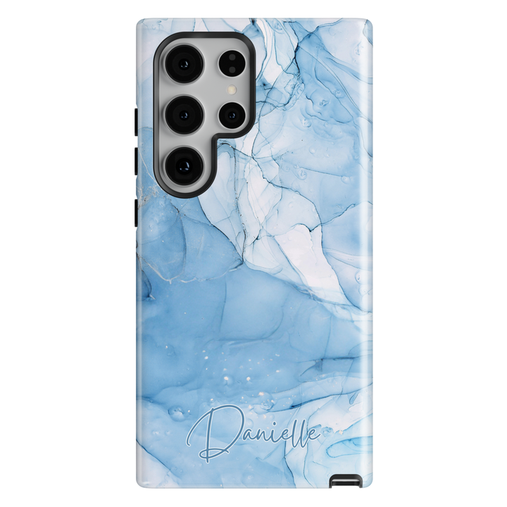Personalized blue and gold marble Galaxy phone tough case with custom name and glossy abstract swirl design