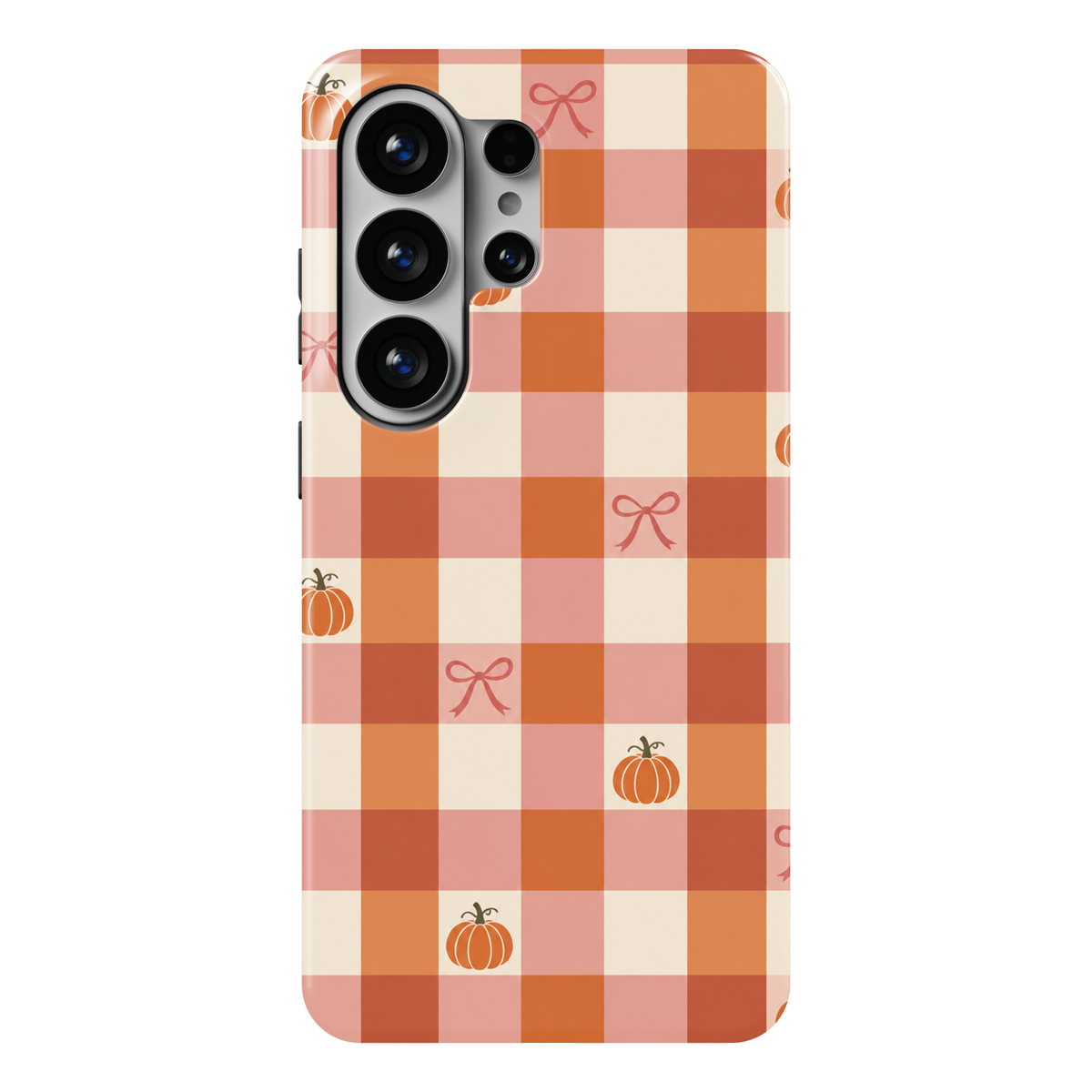 Pumpkin Gingham Samsung Galaxy case featuring orange, blush pink and cream checks with small orange pumpkins and rose-colored ribbon bows.
