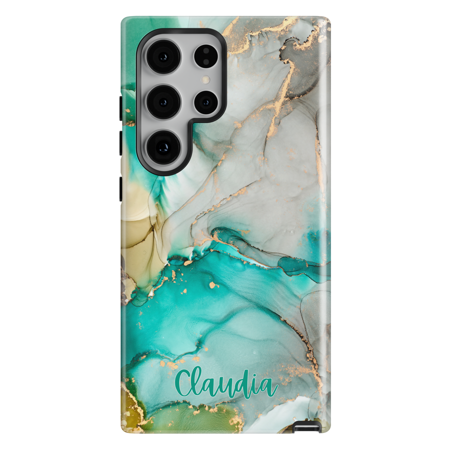 Personalized blue and gold marble Galaxy phone tough case with custom name and glossy abstract swirl design