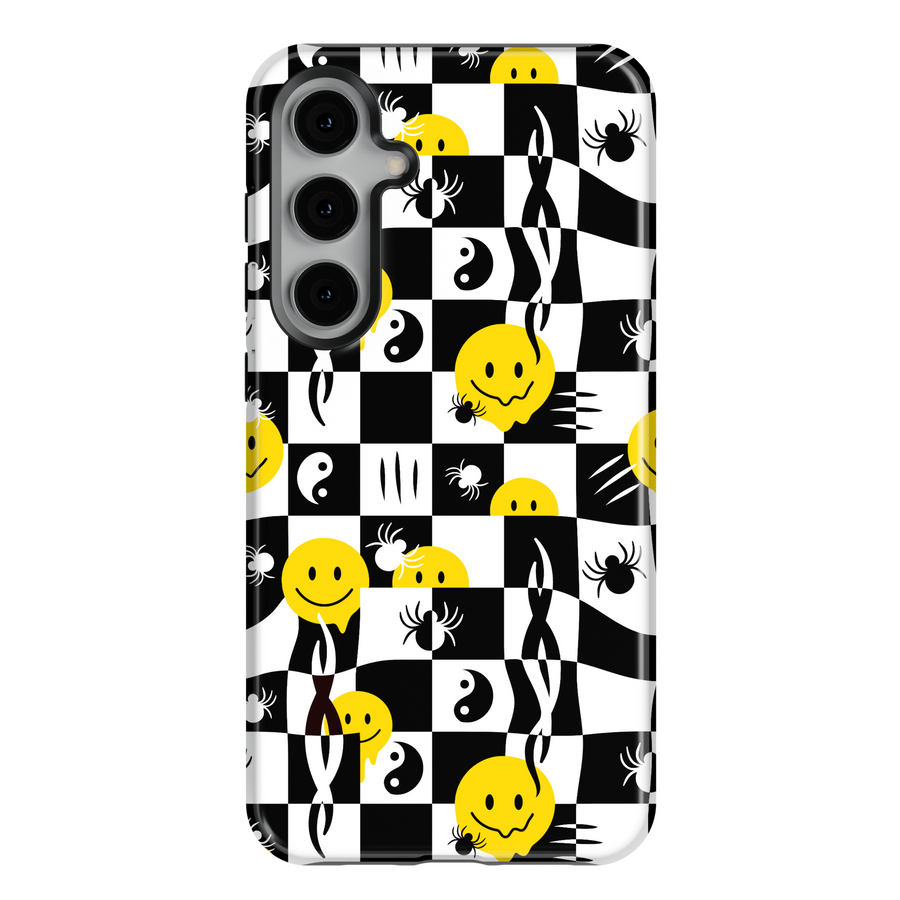 Checkerboard Samsung Galaxy Case with Smiley Faces and Spiders – Fits S24, S25 Ultra, S23