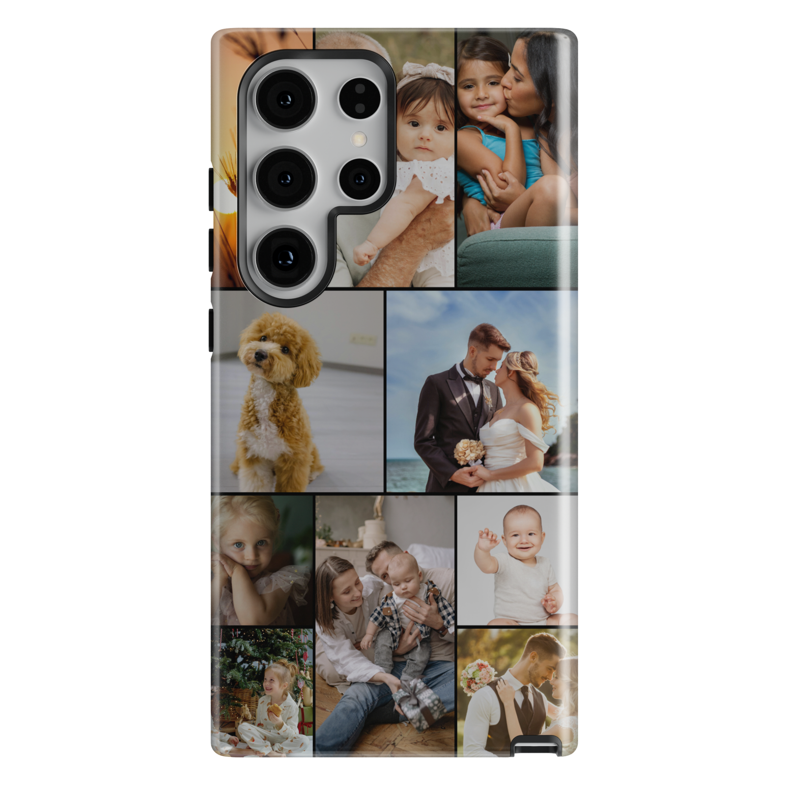 Custom photo phone case for Samsung Galaxy featuring a personalized family picture with elegant full-photo printing. Protective Tough Case with glossy finish, custom design, personalized gift for family, couples, parents, baby photos, anniversaries, birthdays, Mother's Day, Father's Day, and Christmas.