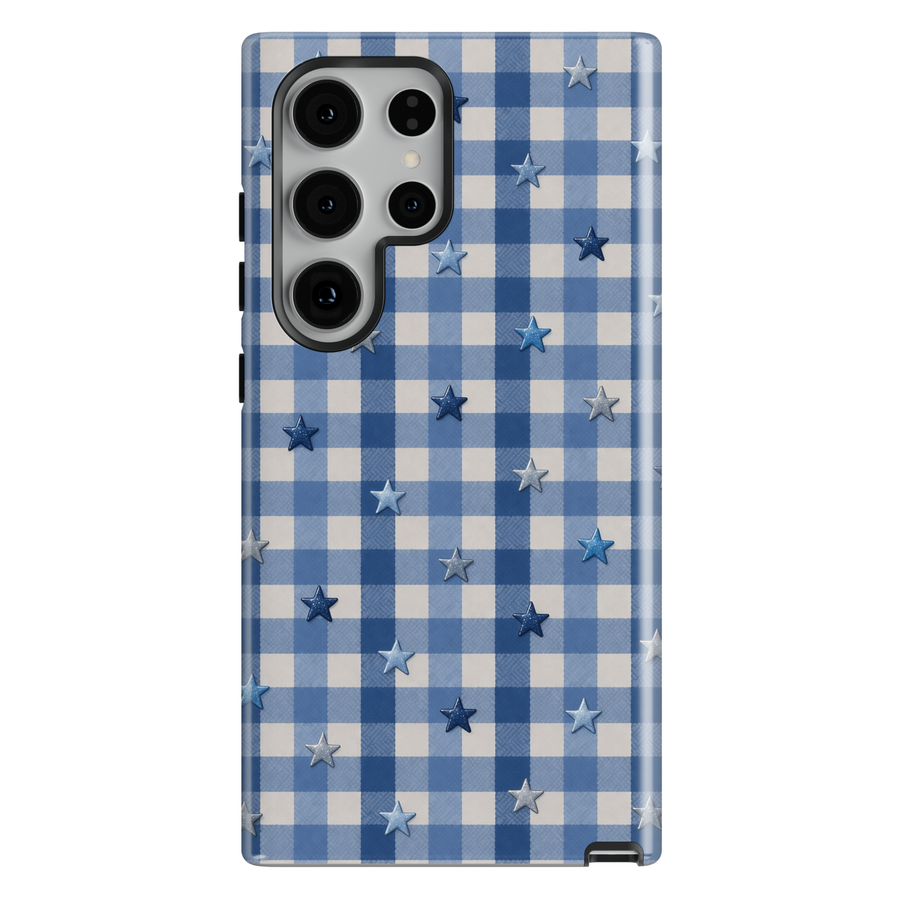 Blue gingham phone case with star pattern aesthetic girly preppy case for iPhone 17 Pro Max and Samsung Galaxy S26 Ultra.