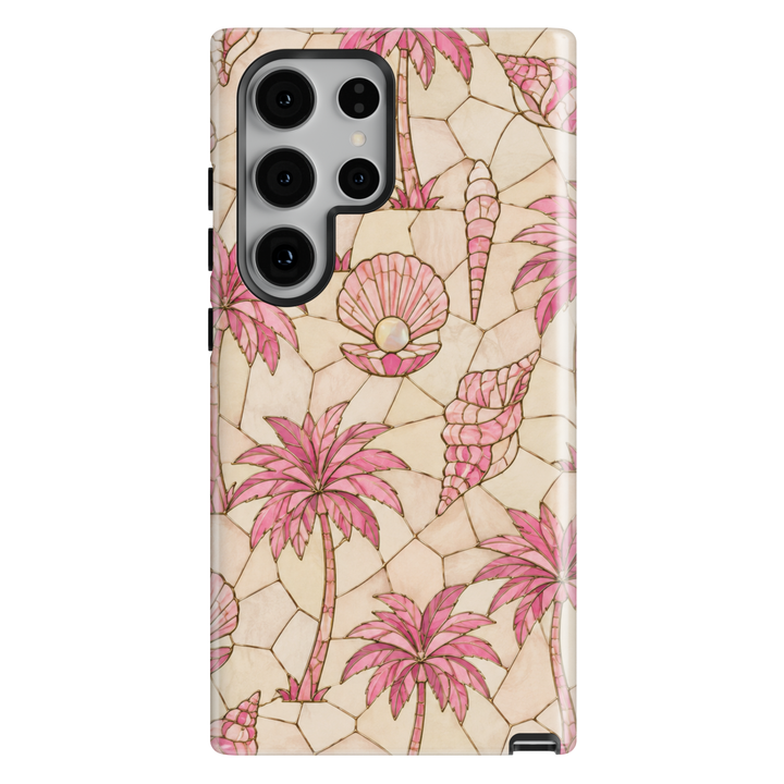 Samsung Galaxy phone case featuring pink palm trees, seashells, and a pearl shell on a soft tropical mosaic background.