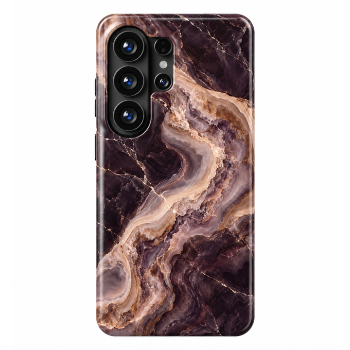 CASELIX Espresso Agate Samsung Galaxy case with glossy brown and plum marble print, flowing cream agate bands and fine gold-colored veining.
