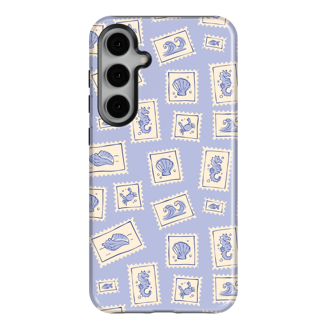 Samsung Galaxy S25 Ultra & S24 FE Case – Purple Phone Case with Ocean Postage Stamp Pattern Featuring Shells, Seahorses, and Waves