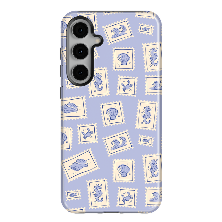 Samsung Galaxy S25 Ultra & S24 FE Case – Purple Phone Case with Ocean Postage Stamp Pattern Featuring Shells, Seahorses, and Waves