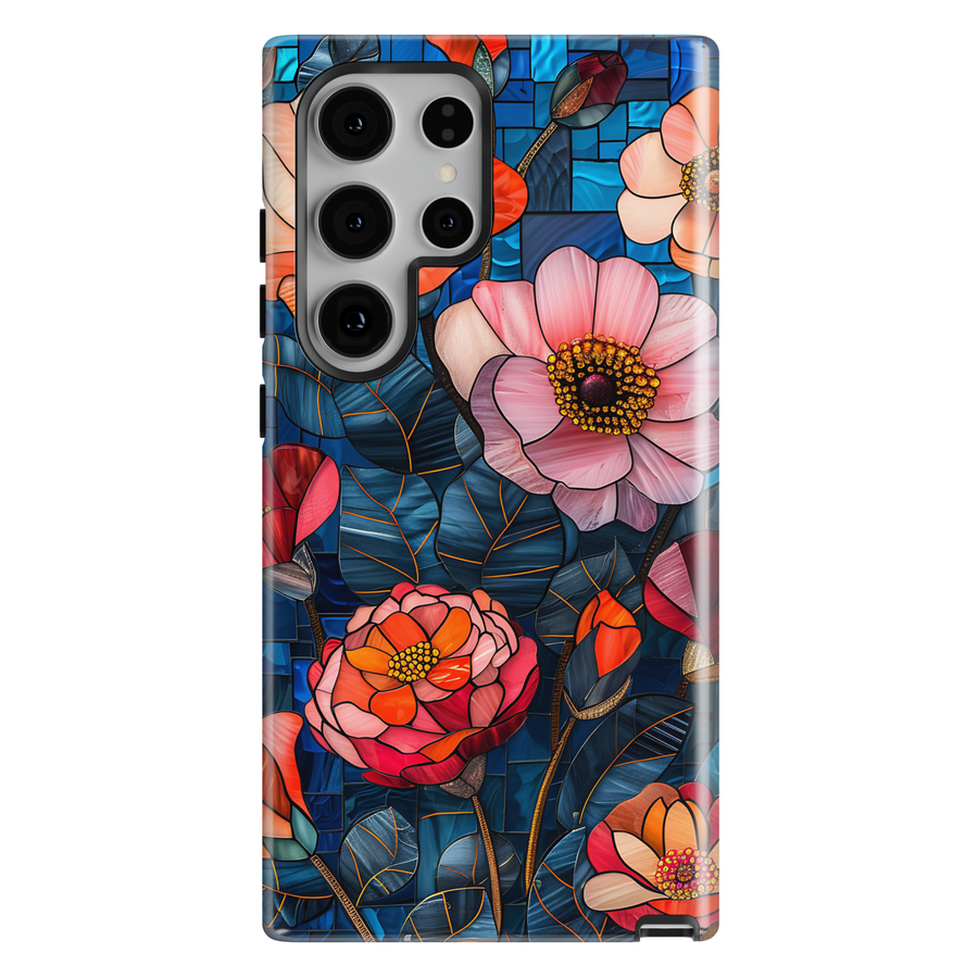 Stained glass floral phone case with dark blue background and pink orange flowers