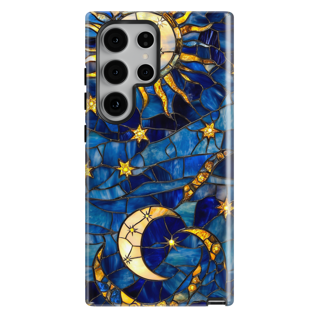 Blue stained glass phone case featuring a golden crescent moon, sun rays, and glowing stars