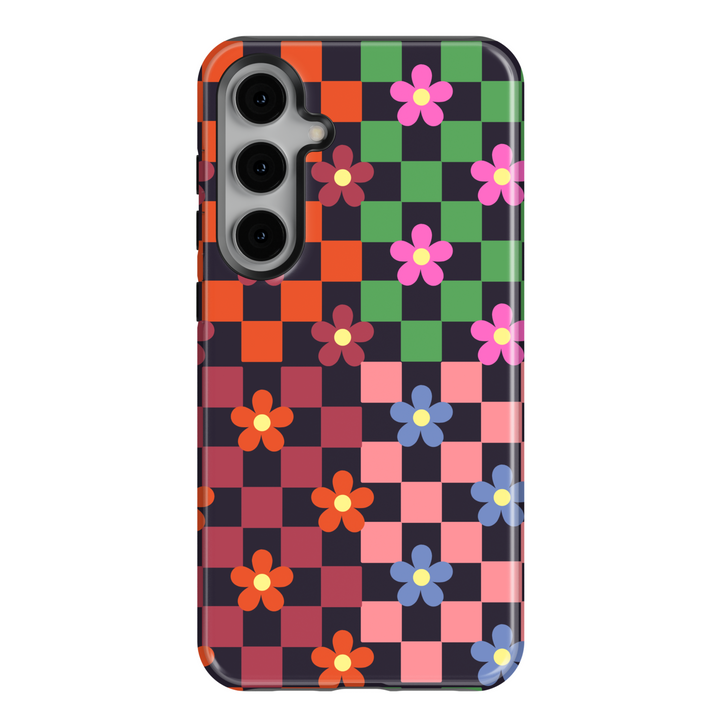 Samsung Galaxy case with retro checkerboard pattern and colorful flower designs. Compatible with Galaxy S24 Ultra, S24 Plus, and S23 FE. Bright and playful aesthetic.