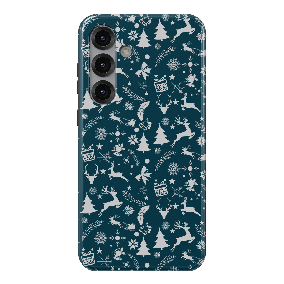 Christmas Samsung Galaxy phone case with white reindeer, snowflakes, bows, and holiday icons on a deep teal background