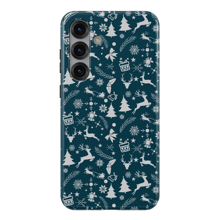 Christmas Samsung Galaxy phone case with white reindeer, snowflakes, bows, and holiday icons on a deep teal background
