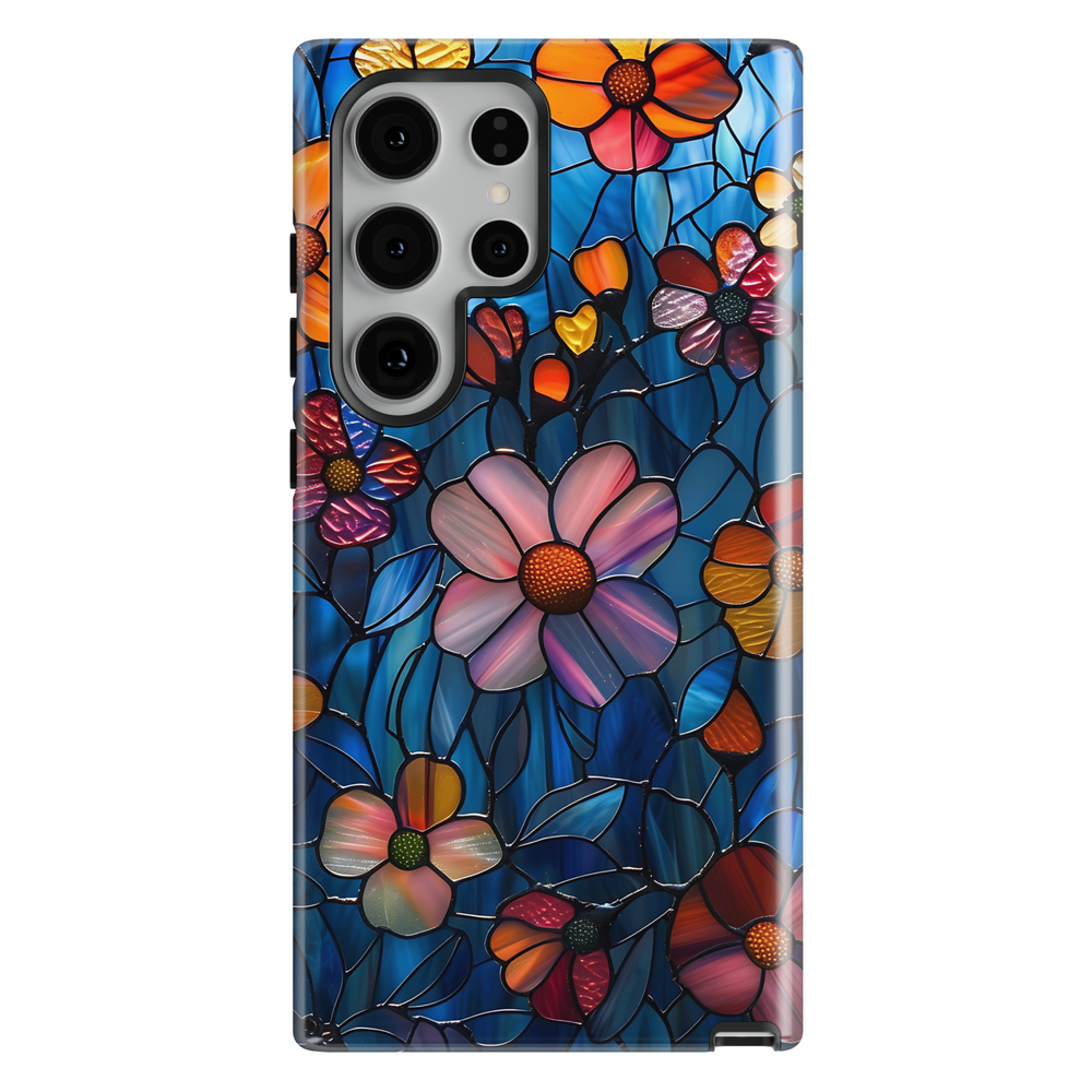 Stained glass floral phone case with dark blue background and pink orange flowers